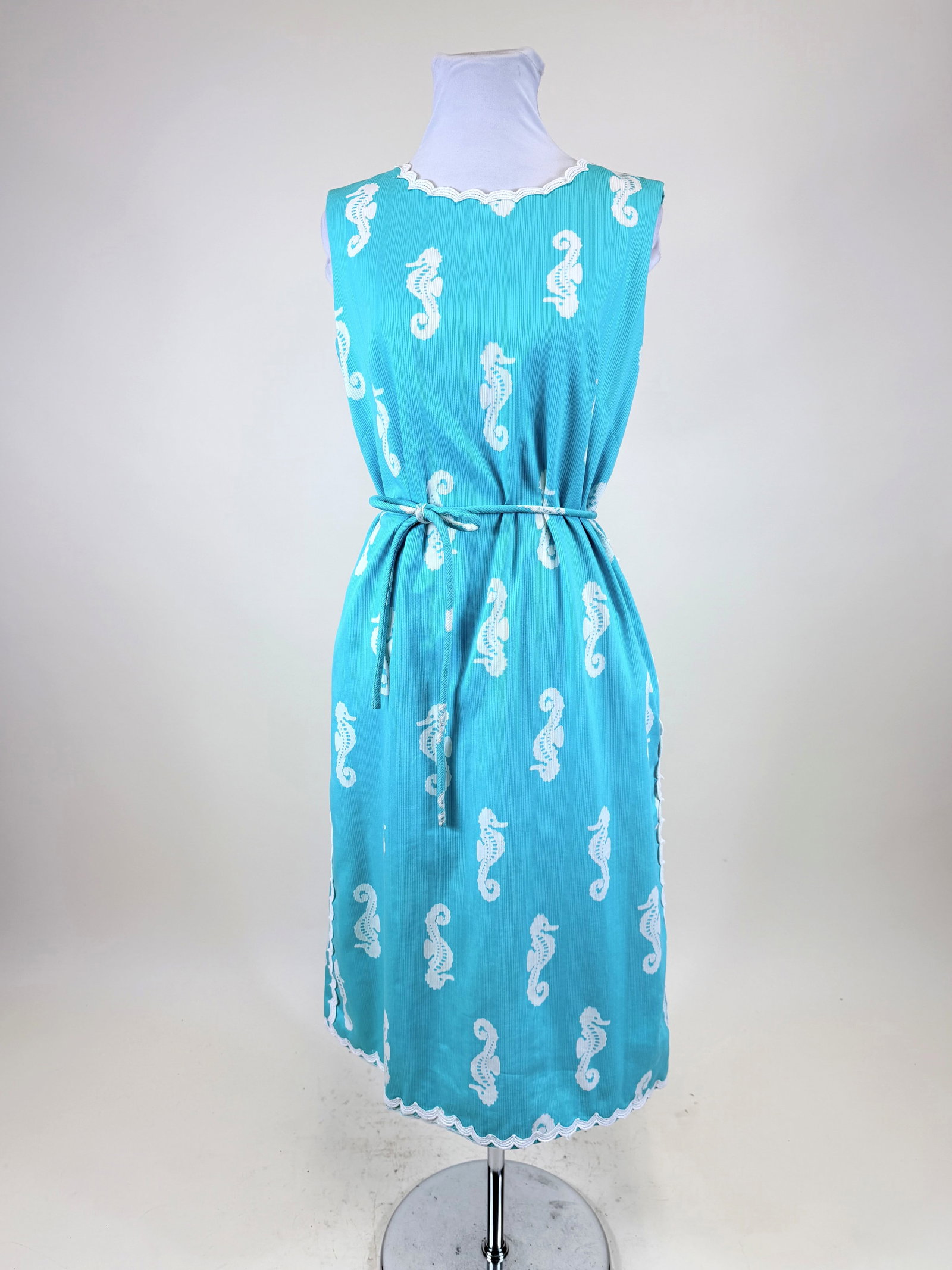 SEAHORSE PRINTED SHEATH DRESS, 1960s: w/ original corded tie belt, B 38", W 35", underarm staining, discoloration, see photos