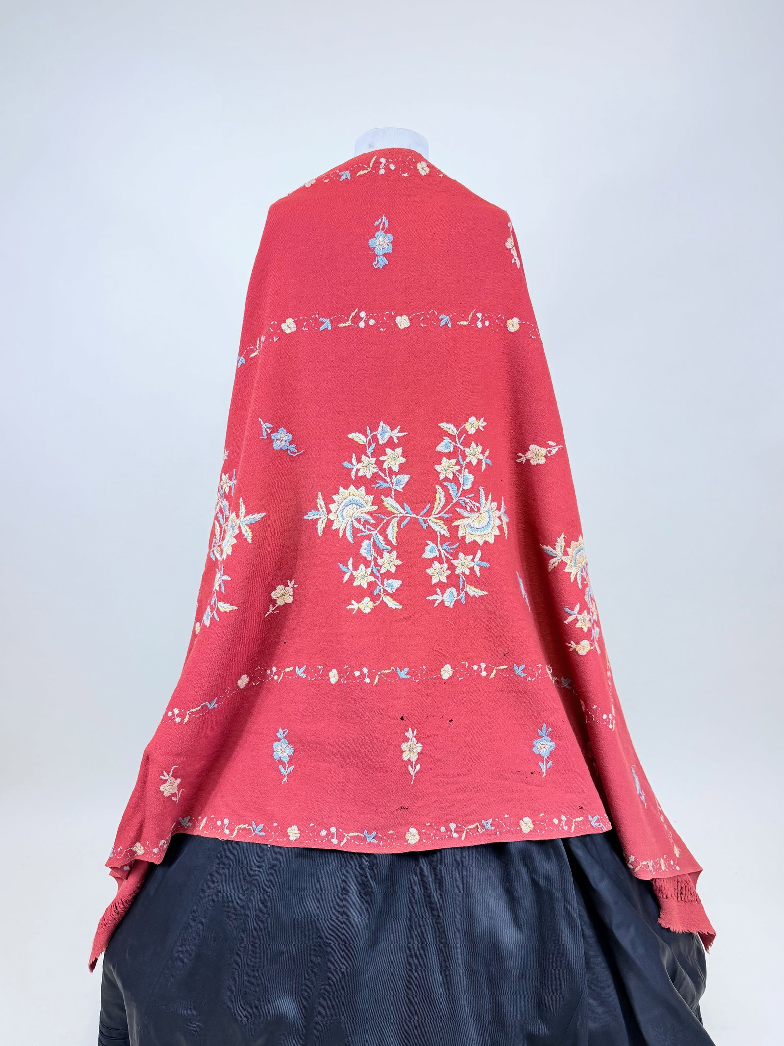 ANTIQUE HAND EMBROIDERED WOOL TWILL SHAWL, LATE 19TH-EARLY 20TH C: 38" x 71", holes & light staining, see photos