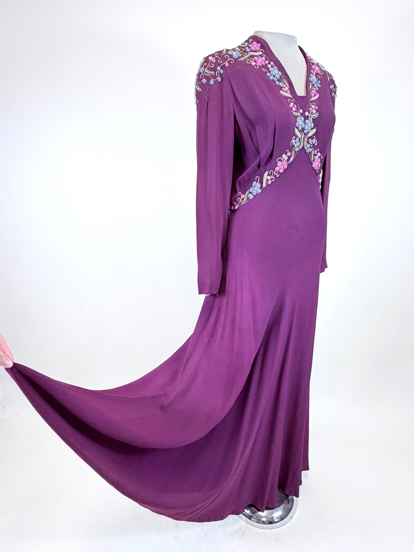 BEADED & LAME' EMBROIDERED CREPE EVENING DRESS, 1940s: B 40", W 28", pulls & discoloration to skirt, tiny seam opening top shoulder, see photos