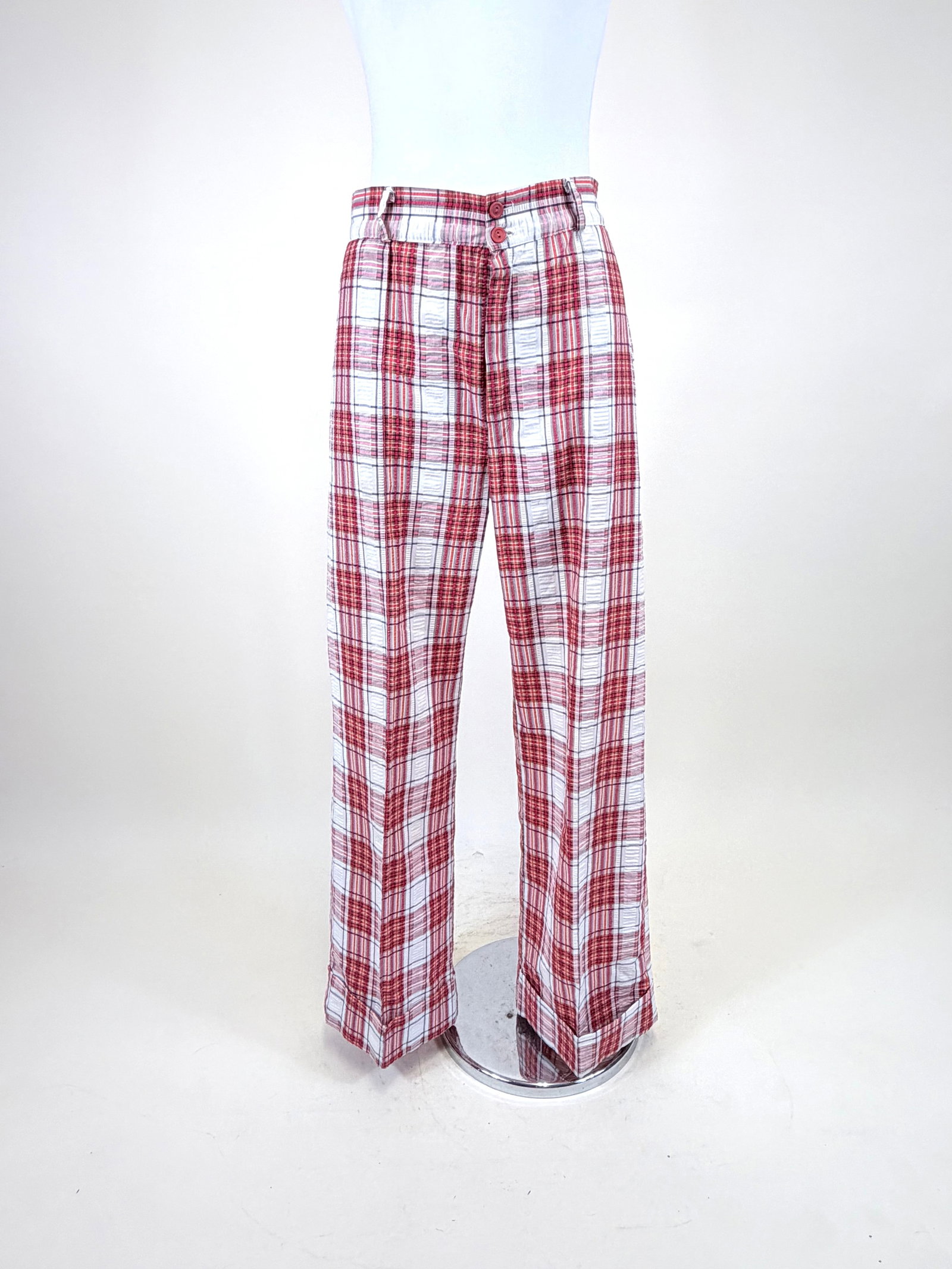 PAIR OF PLAID SEERSUCKER TROUSERS, 1970s: W 29", L 43.5", few pulls to waistband & seat, good condition, see photos