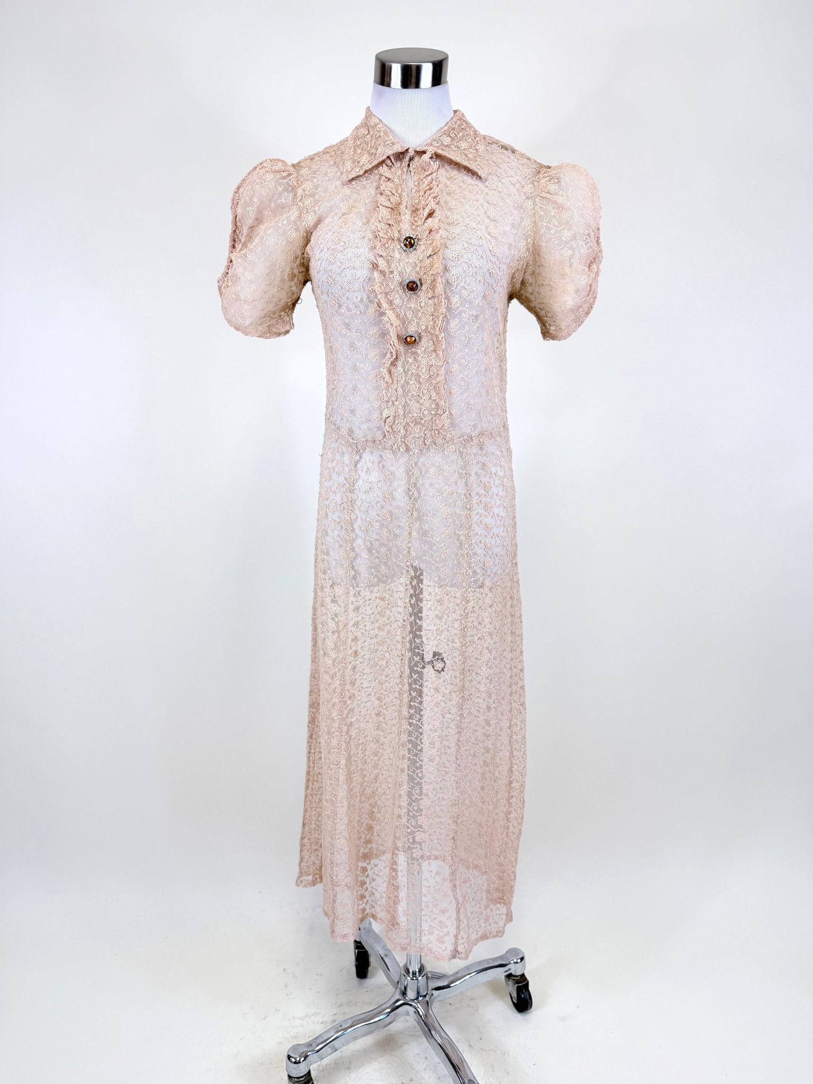ANTIQUE EMBROIDERED TULLE OVERDRESS, LATE 1930s-EARLY 1940s: B up to 38", W up to 34", small pulls, darned repair left shoulder, good condition, see photos