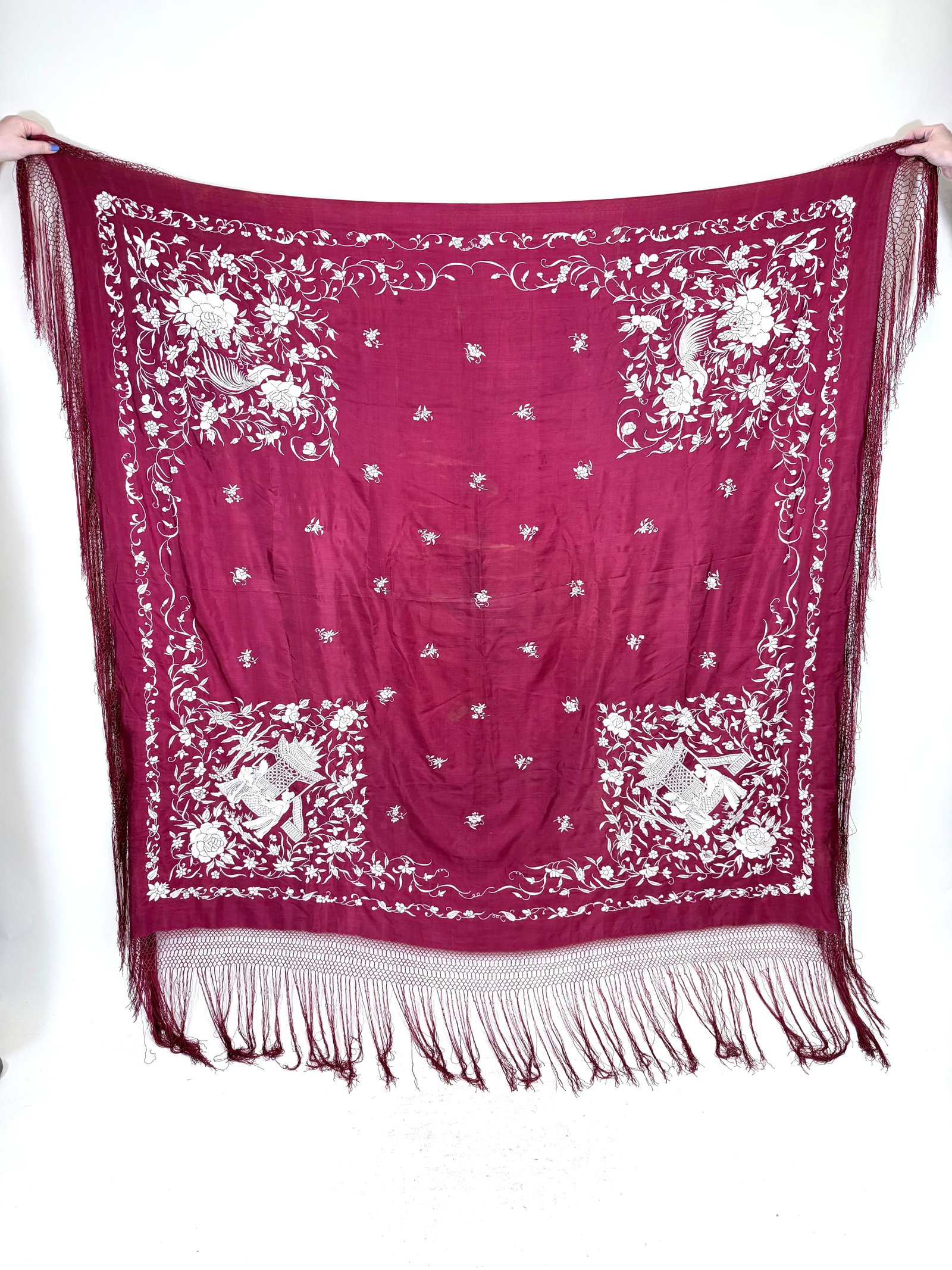 LOVELY ANTIQUE HAND EMBROIDERED SILK CANTON SHAWL, 1900-1920: 62" x 62" w/ 13" fringe, some staining/discoloration, few pulls, see photos