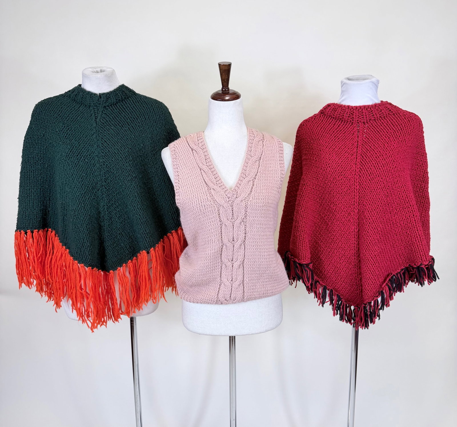 TWO KNIT PONCHOS & ONE VEST: poncho L's 18"-23", vest B 40", W 36", good condition