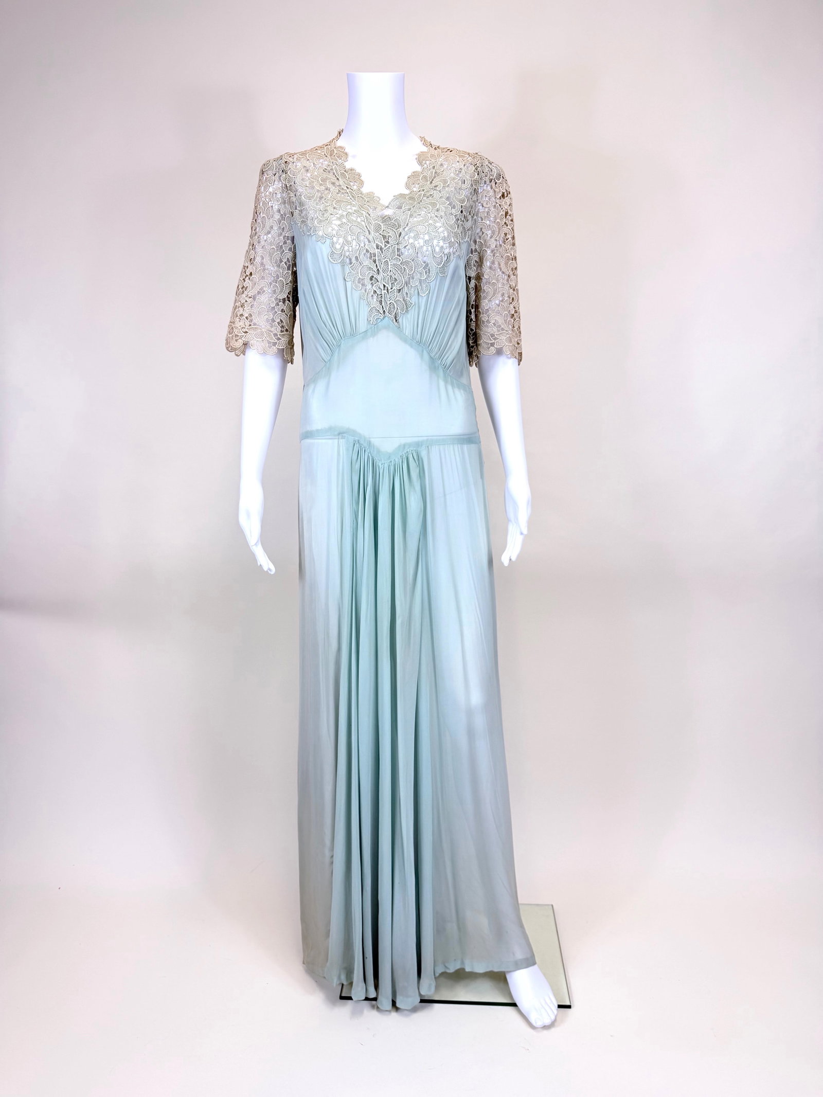 CHEMICAL LACE & CHIFFON NEGLIGEE, 1940s: B up to 44", W 32", small holes, damage at hem, fading/discoloration, see photos