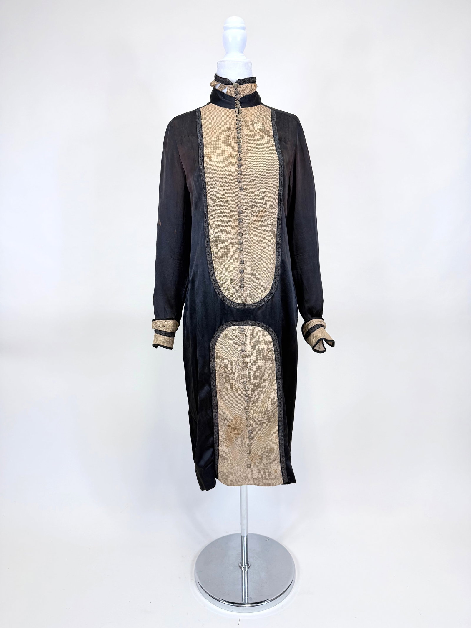 SILK SATIN, LAME' & TUCKED CHIFFON DRESS, 1920s: B 38", W 36", damage to collar & cuffs, fading, few small holes, missing some back buttons, split in back panel, see photos