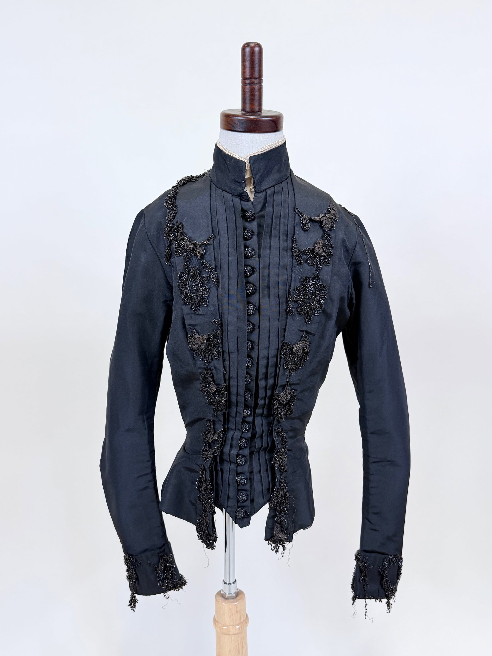 ANTIQUE JET BEADED BLACK SILK FAILLE BODICE, 1880s: B 30", W 21", bead loss, peplum hem raw, collar insert detaching, see photos