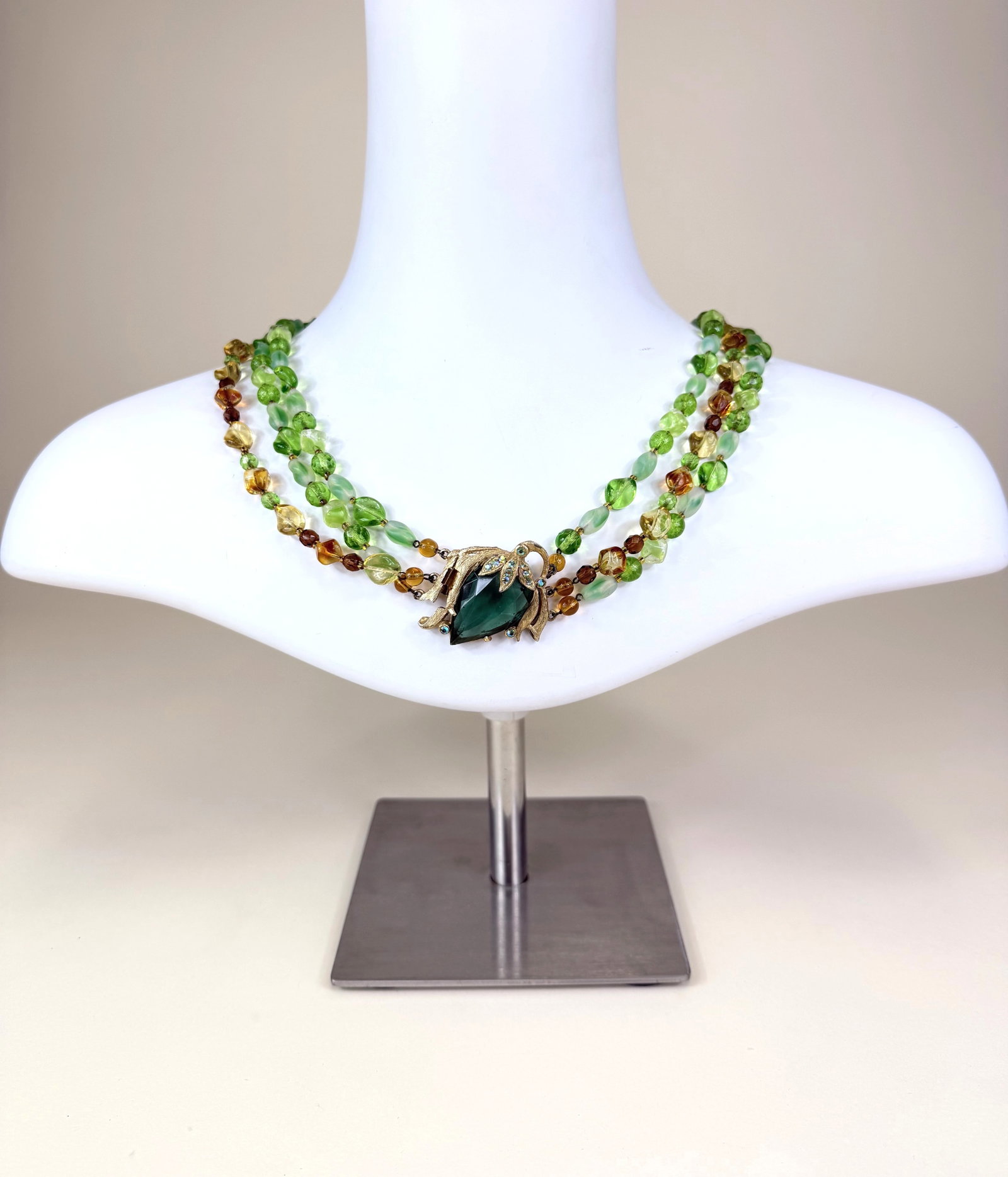 DEMARIO MULTI STRAND GLASS BEADED NECKLACE, EARLY 1960s: Stamped "DeMario", good condition, see photos