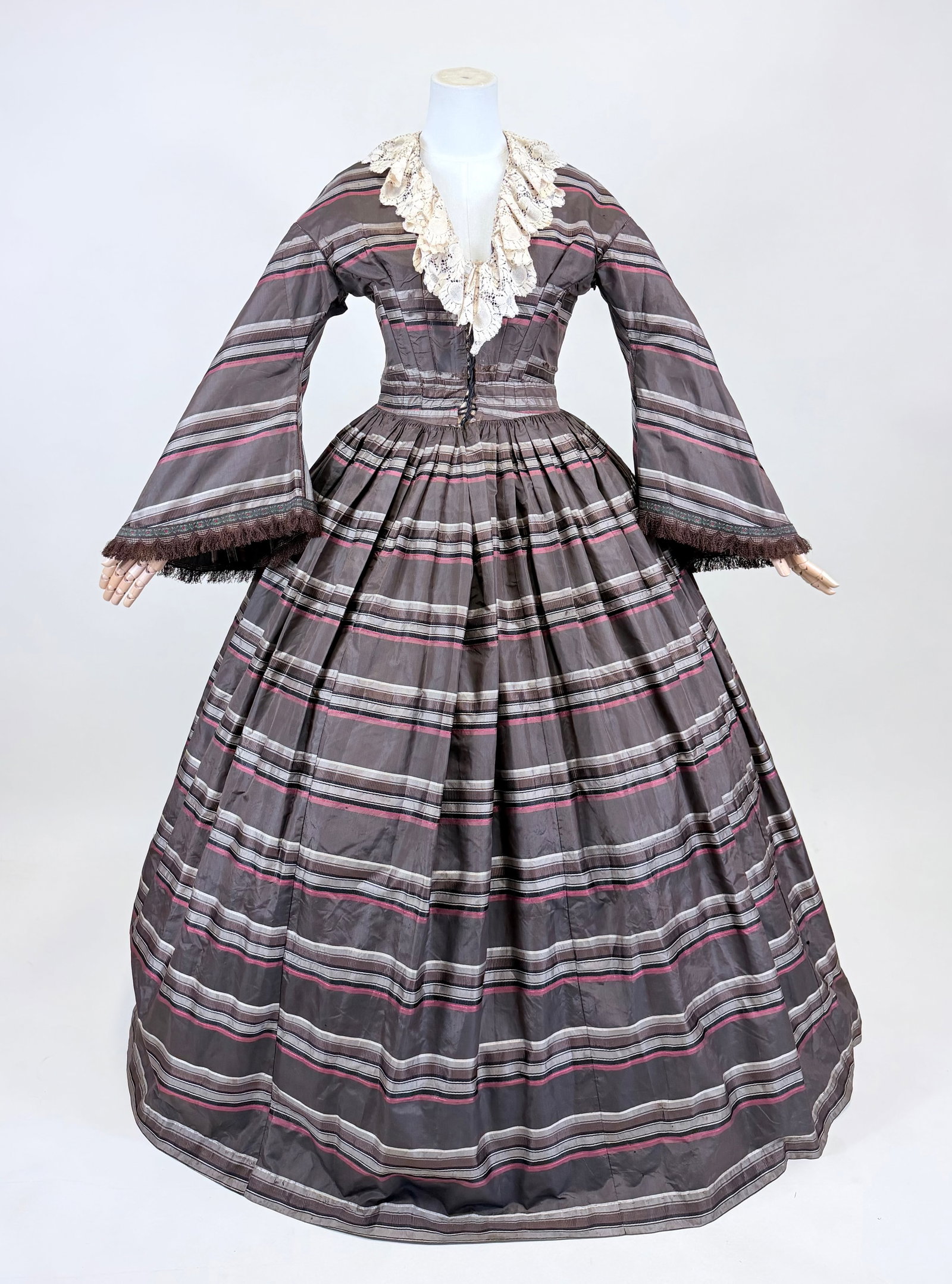 ANTIQUE RIBBON STRIPED BROWN SILK TAFFETA DAY DRESS, MID 1850s: B 32" up to 35", W up to 34", modified at front, small holes/wear throughout, larger holes at underarms, see photos
