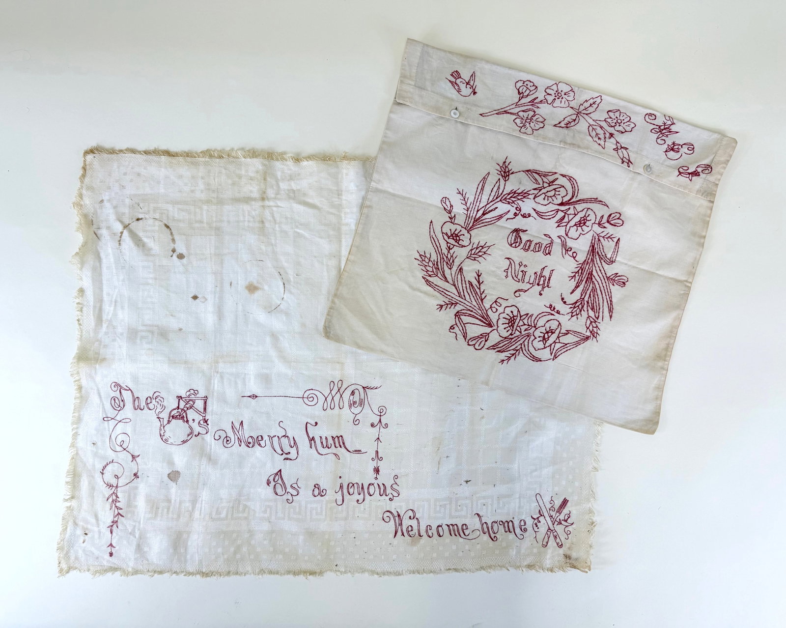 HAND EMBROIDERED TEA TOWEL & PILLOW COVER, c.1880 & c. 1900: Deaccessioned by The Brooklyn Museum, accession # 46.30.88 c. 1880, some stains & discoloration