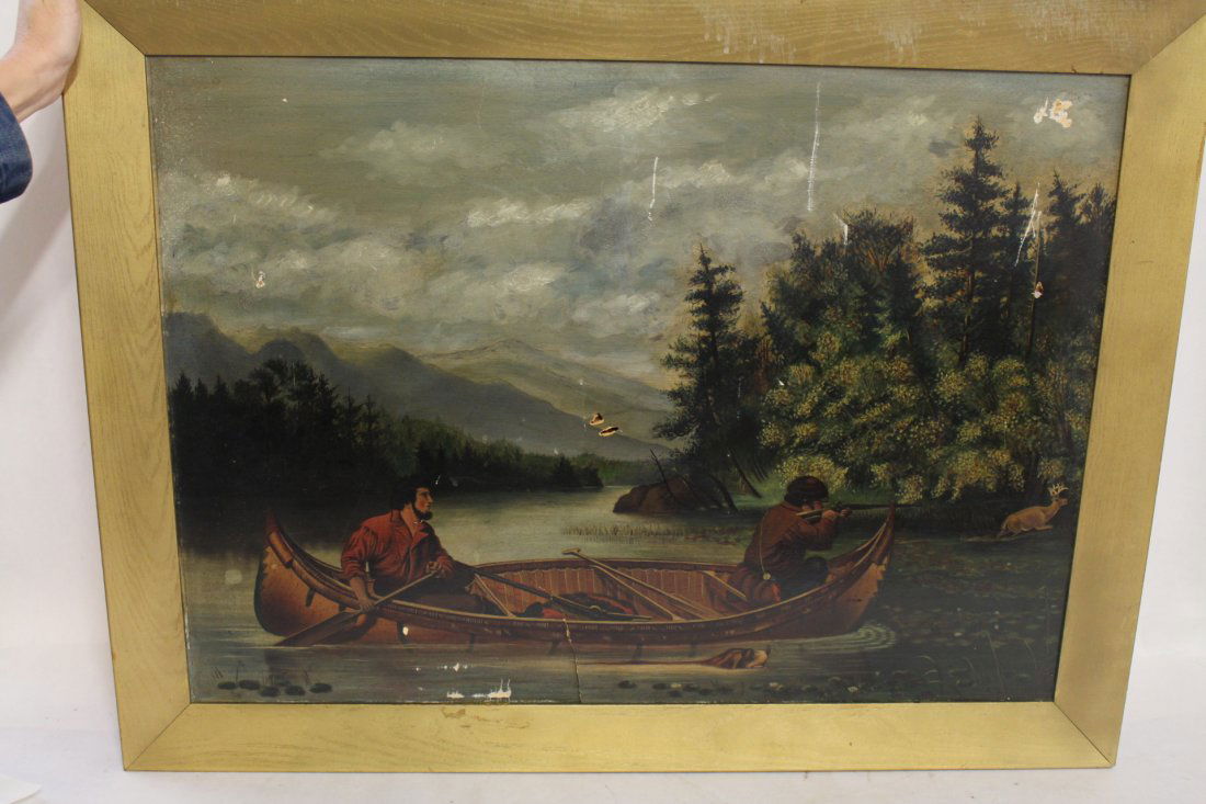 Oil on Board, circa 1800, woodland stream hunt scene (1 of 10)