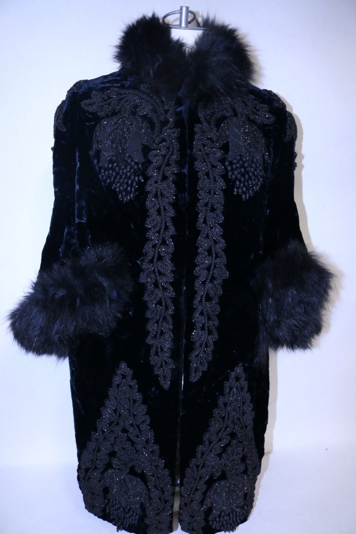 Stunning Victorian Mantelet, by Stern Brothers, Velvet: Black velvet with cording rosettes, beading and tassels, fur collar and sleeve cuffs, 3/4 sleeves, approx. 36 bust, some under arm repair needed, fabulous condition considering age.