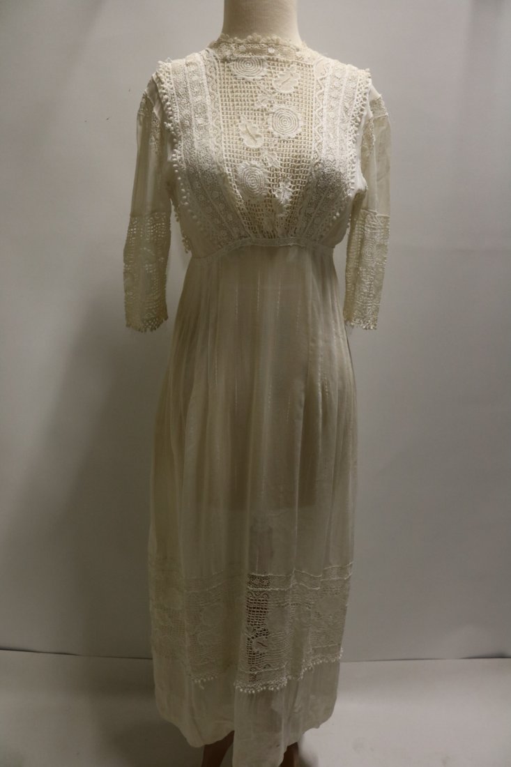 Antique Victorian Edwardian Lawn Dress with elaborate: Antique Lawn Dress with extra fancy lace and drawn work in vary wide panels on skirt, sleeves and bodice. Quite sheer
