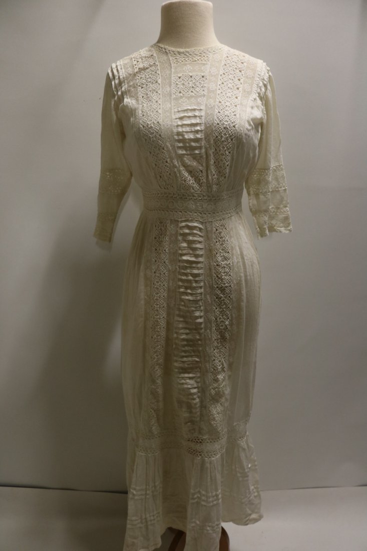 Antique Victorian Edwardian Lawn Dress White Lace: Antique White Lawn Dress with many rows of inset lace, button back, various seams have opened, will need to be resewn otherwise sound
