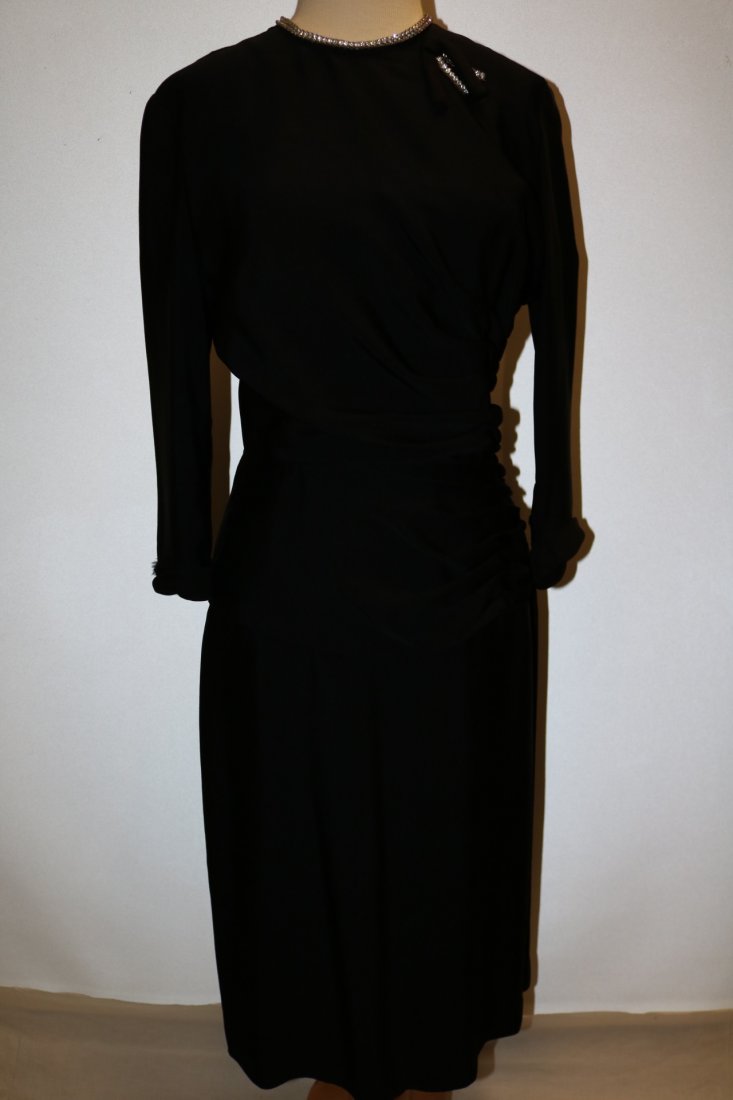 Black Rayon 1940's Dress with Ruching at waist and (1 of 6)