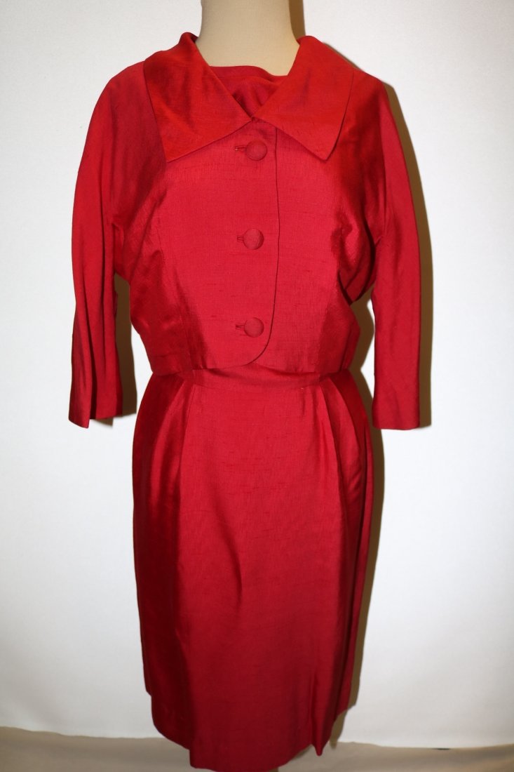 2 piece 1960's Red Linen Dress set with Bolero Jacket (1 of 8)
