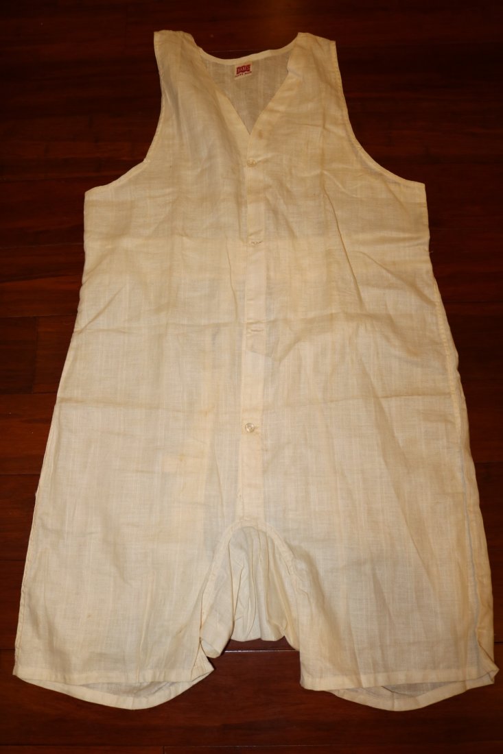 Hanes size 34 age 16 Linen Underalls, one piece: button up front and back flap
