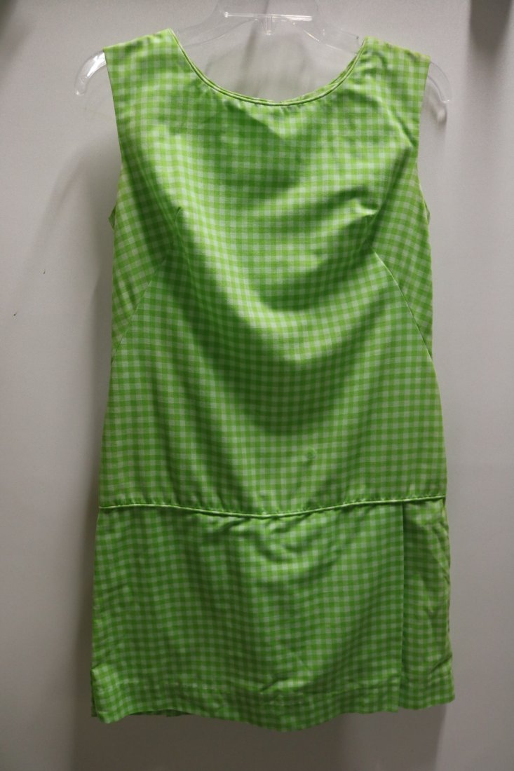 1960/70 Romper in Green Cotton Check: sleeveless with cool lot skirt/short pleated, approx. 36 bust, 30 waist