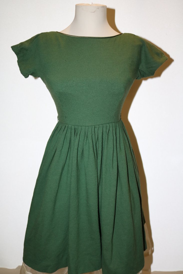 1950's Green Flannel Pouf Dress: short sleeves, boat neck, full pleated skirt, back zipper, approx. 35 bust, 24 waist