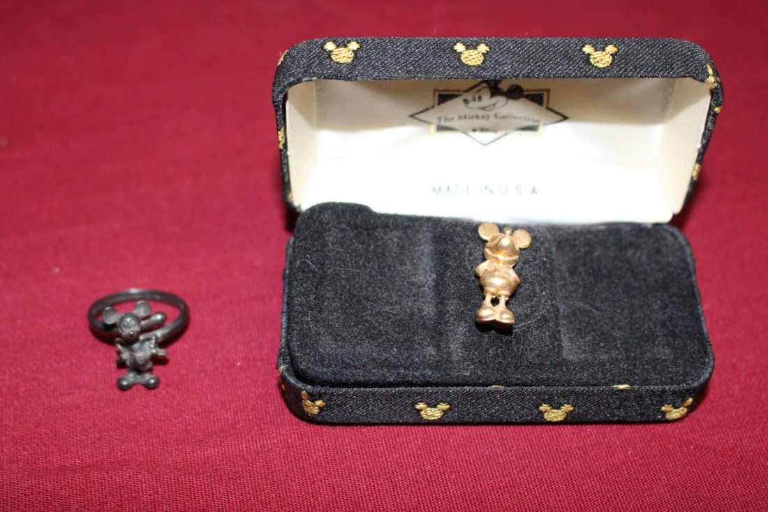 2 Mickey Mouse items, possible 14K: Mickey Mouse Tie Tac in original box mint & Mickey Mouse Ring