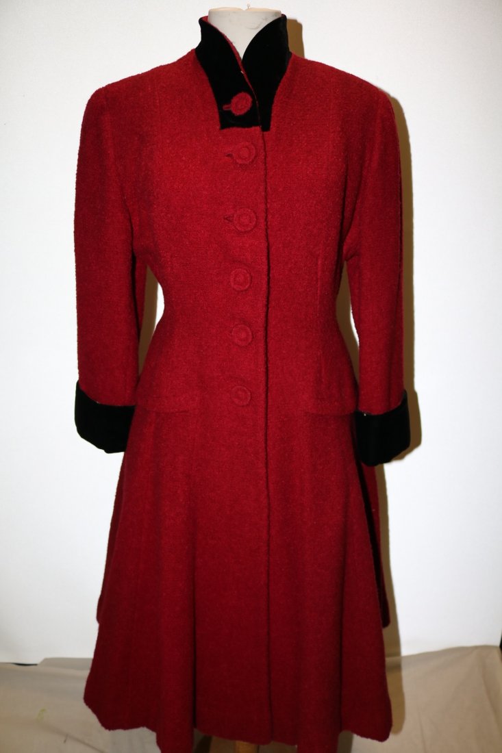 1950's Ladies Red Tweed Coat with Black Velvet Trim by (1 of 7)