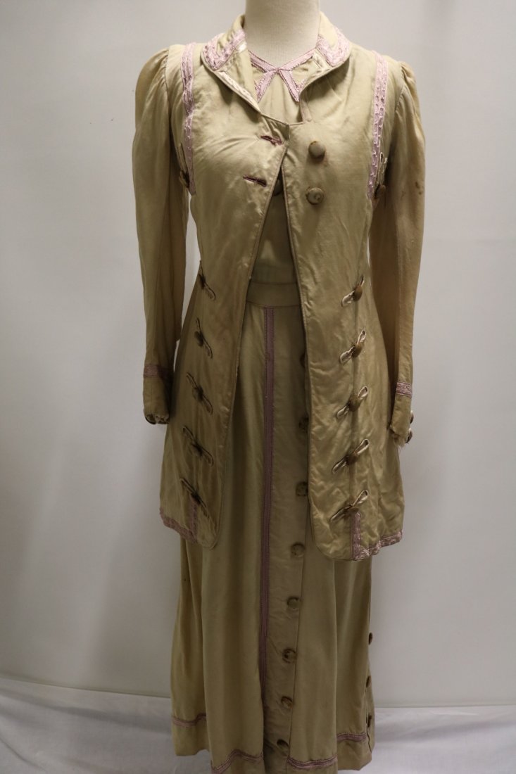 Edwardian 2 piece Walking Dress and Jacket with Lilac: as found with rust stains from buttons Lined long sleeve fitted long jacket with nice details & trim, full length sleeveless dress with eye hooks up back, approx. 36 bust, 26 waist