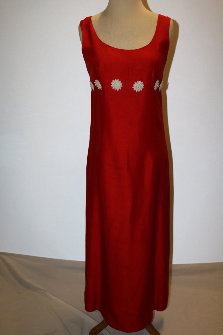 Vintage 1960s cherry red slubbed rayon floor length: Measurements (measured in inches) Fits like a Small Bust 34" Empire Waist 30" Hips 40" Length 54" Shoulder to Empire Waist 11" Label: - Material: Rayon Condition: Excellent - professionally dry cleane