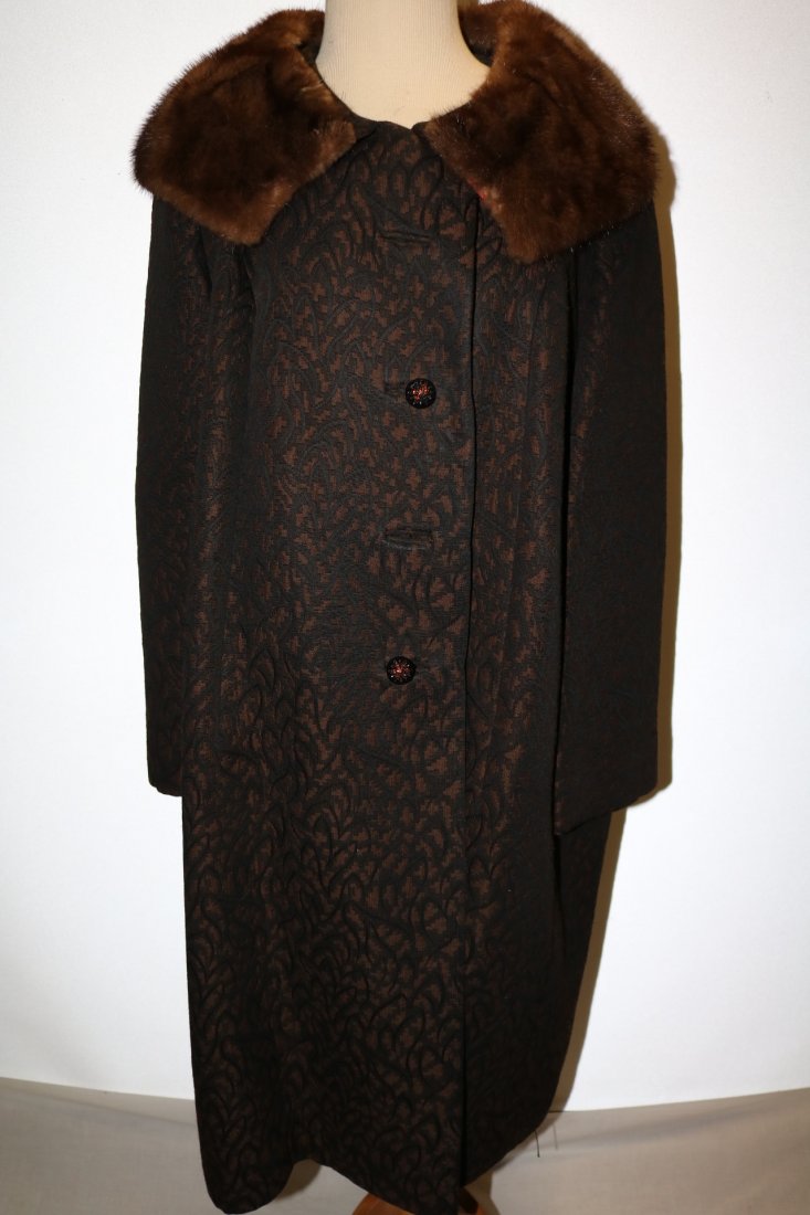 1960's Black/Brown Brocade swing style Coat with Fur (1 of 5)