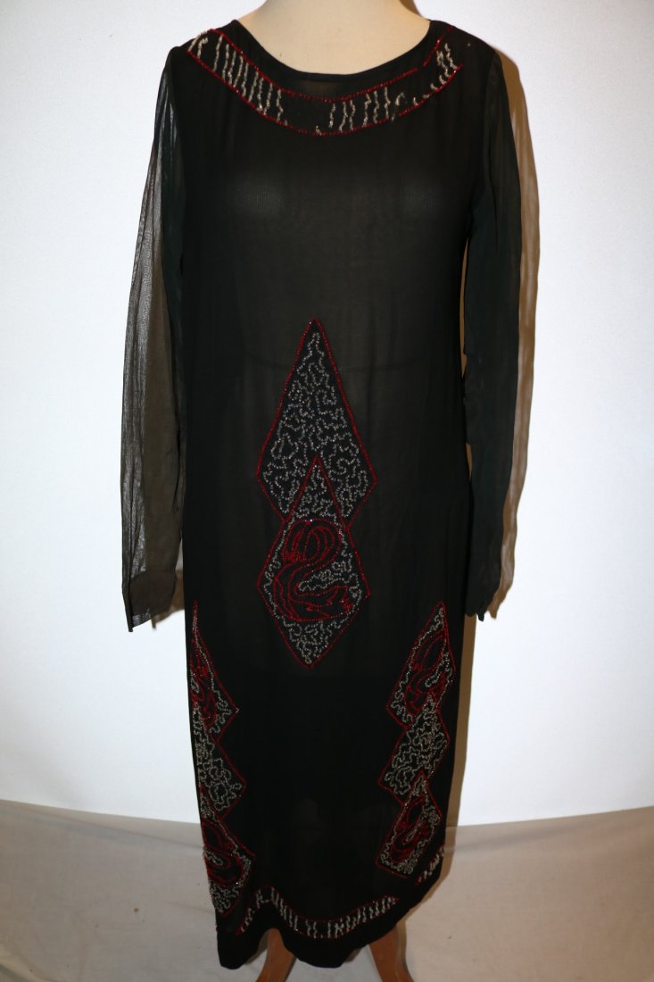 1920's Beaded Flapper Dress, Black Silk with Red & (1 of 6)