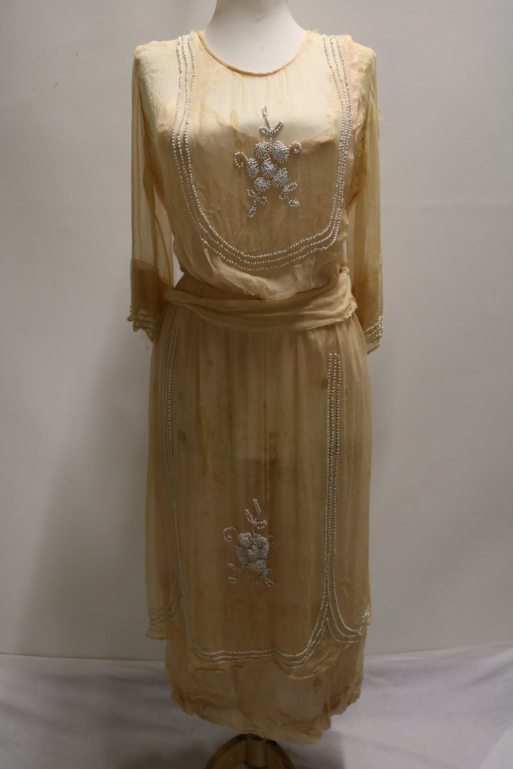 1920's Peach Silk Chiffon & White Beaded Flapper Dress (1 of 9)