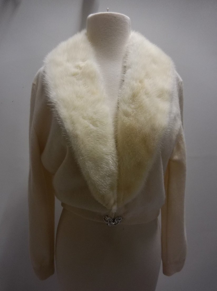 Ladies Vintage 1950's 100% Cashmere Sweater with Fur: eye hook closures in front with rhinestone buckle, approx. 40 bust, 30 waist