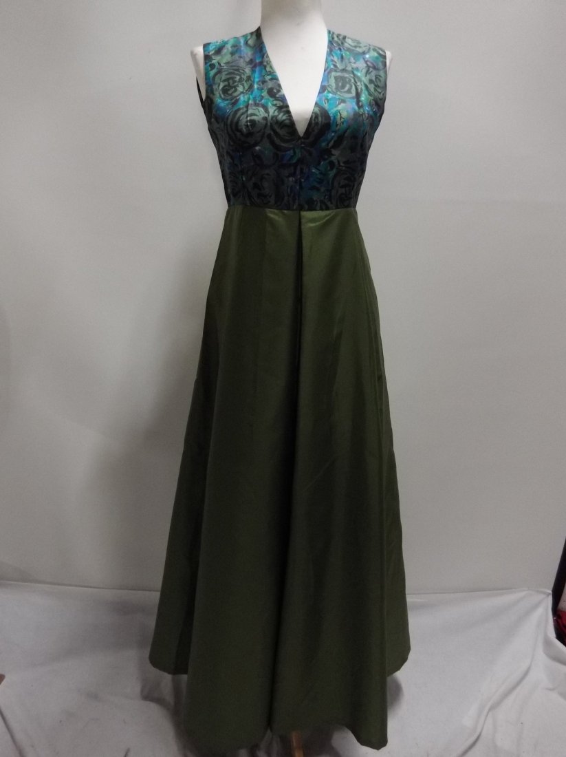 1960/70's Green Acetate with Silk Bodice Full Length: no label, empire waist, plunging V-Neck, pleated skirt, back zipper, approx. 35 bust, 26 waist