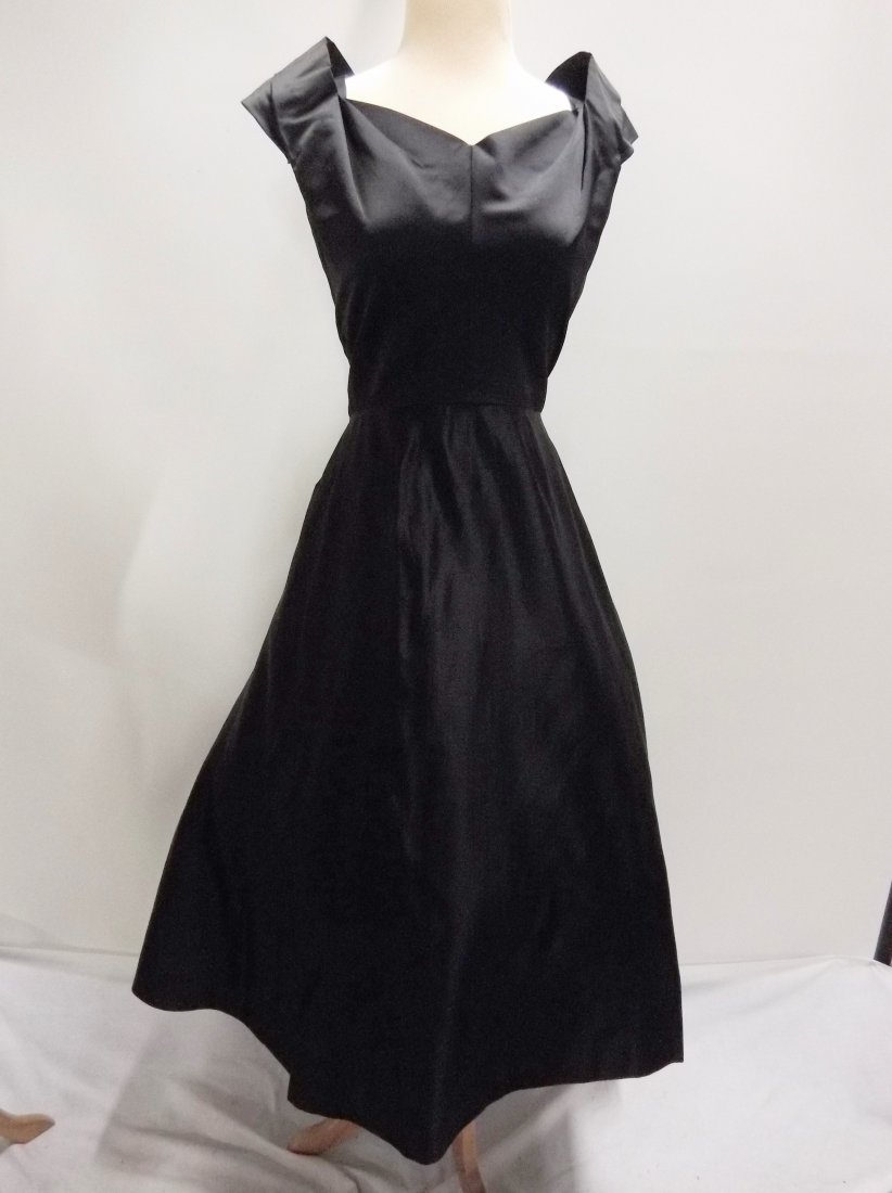 1950's Black Satin Fit to Flare Tea Length (1 of 5)