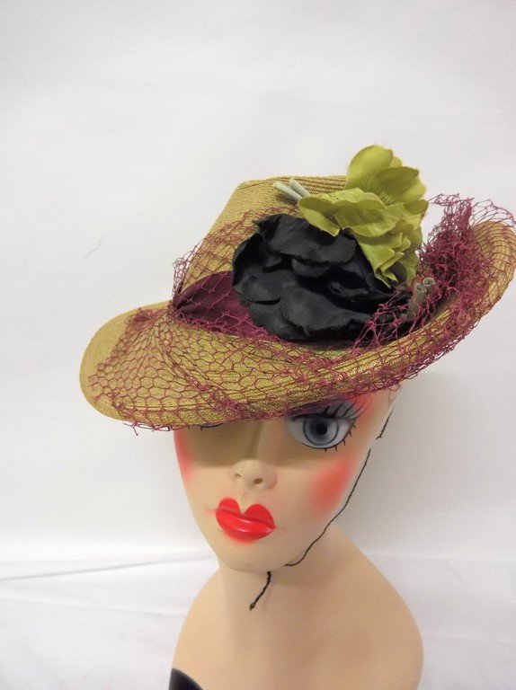 antique vintage teens straw hat anenome flowers green (1 of 5)