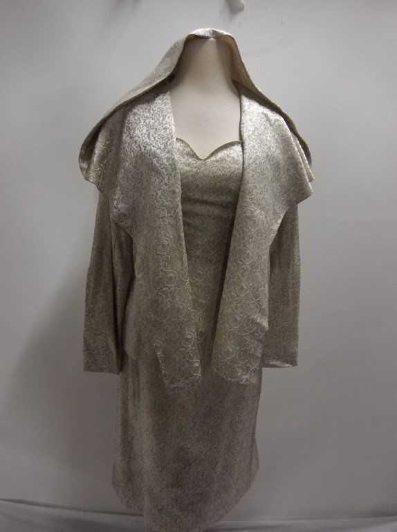 1950/60's 2 piece Silver Silk Brocade Dress & Hooded (1 of 8)