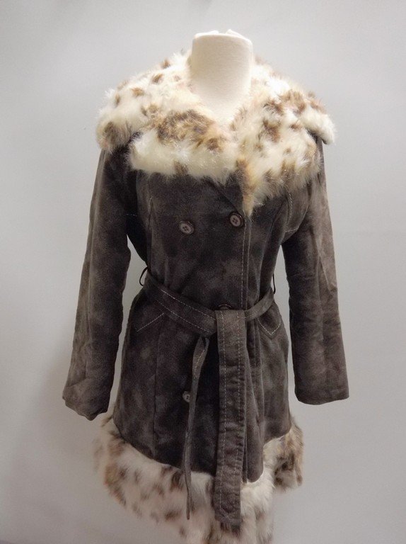 1970's Plush Cotton Coat with Faux Fur Animal Print: tie belt at waist, nice condition, approx. 38 bust, 32 waist