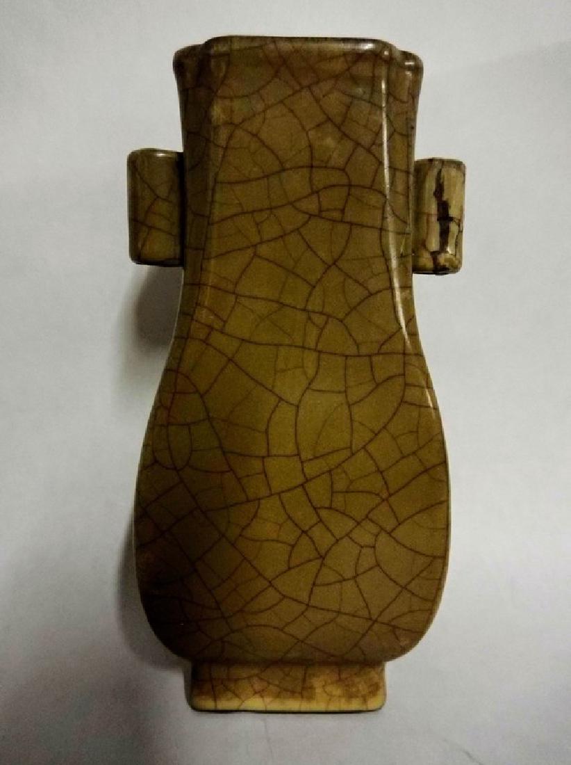 Chinese Crackle style Vase with double Handles: Olive green, 9" tall