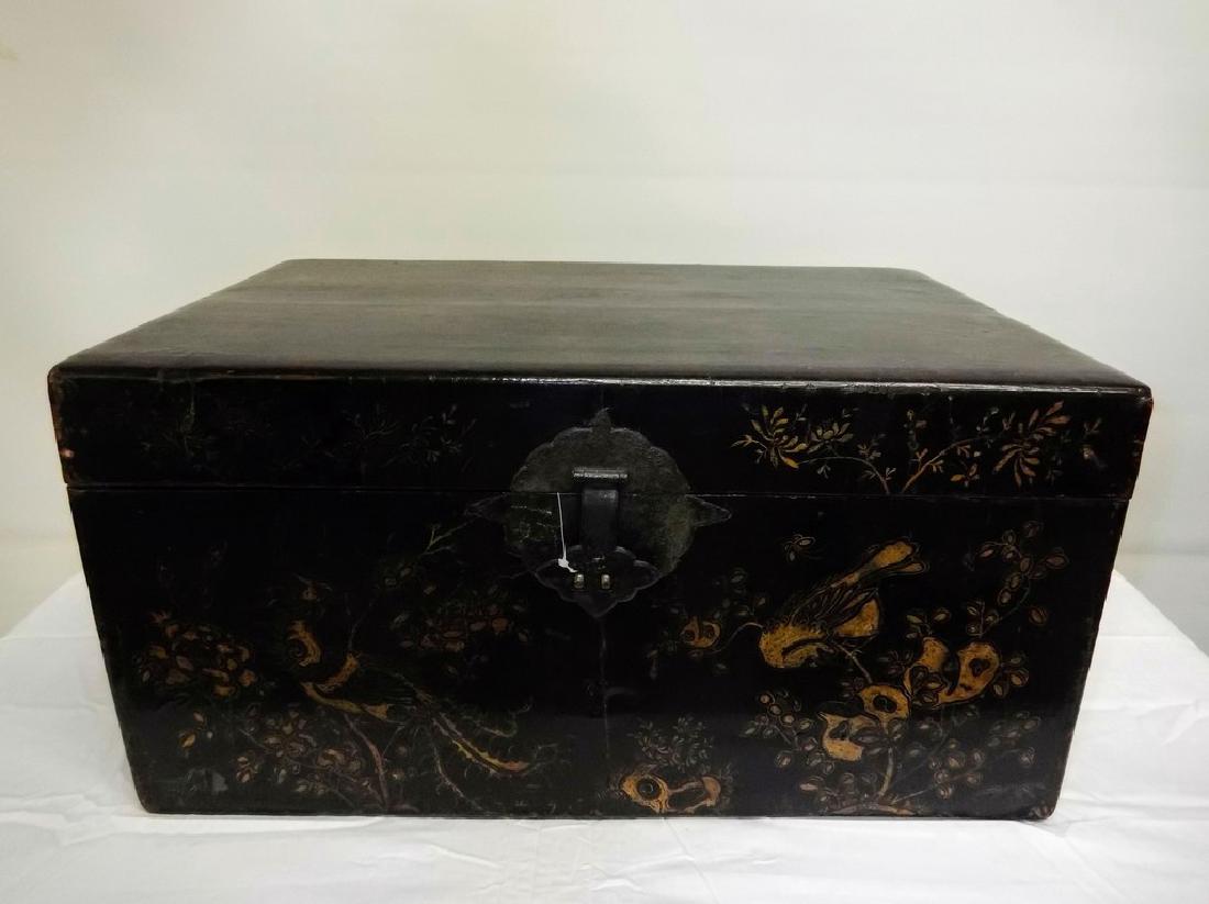 Antique Finish Hand Painted Asian Lacquer Storage: lift top, brass hardware, approx. 23" x 15" x 11 1/2"