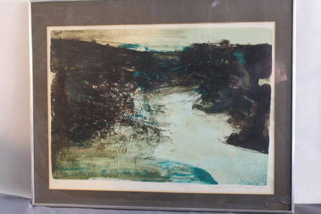 Abstract Art, Litho/Seri, signed & #96/99: 1970 abstract of River, approx. 30" x 24" framed, glass broken in corner, art is fine