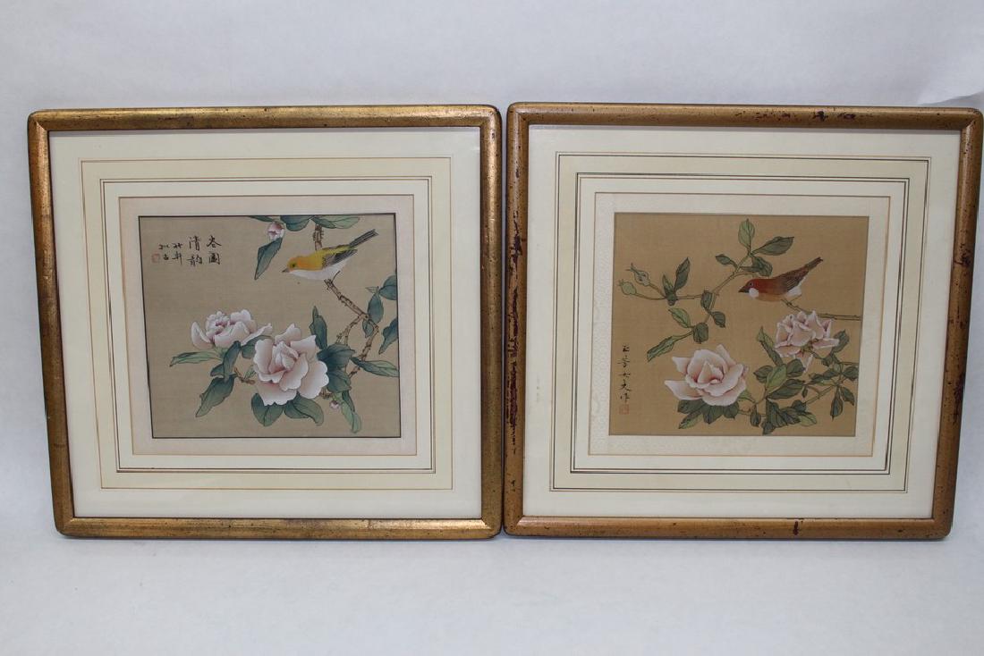 Pair of Asian Watercolor Paintings on Silk, signed with (1 of 6)