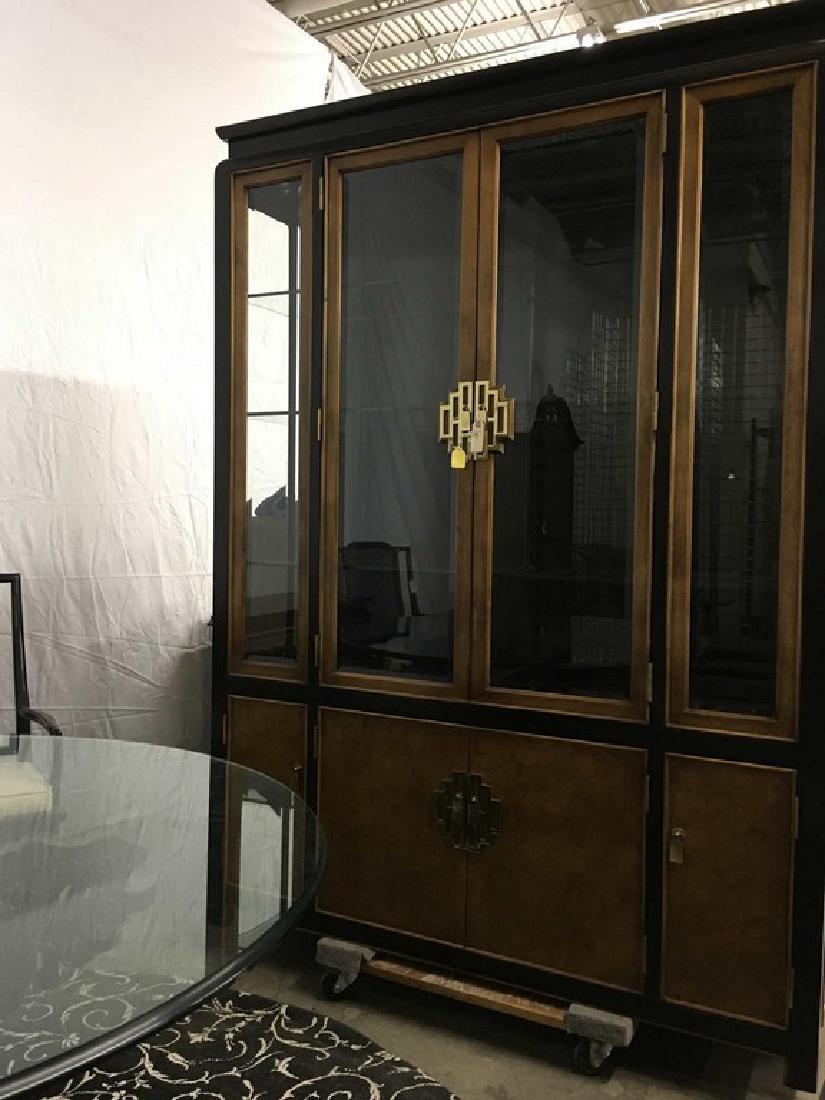 Oriental style Century dining room set: This set consists of a dining room table, six chairs (two with arms), a sideboard/server with silverware drawer, and a china cabinet with glass doors and shelves.