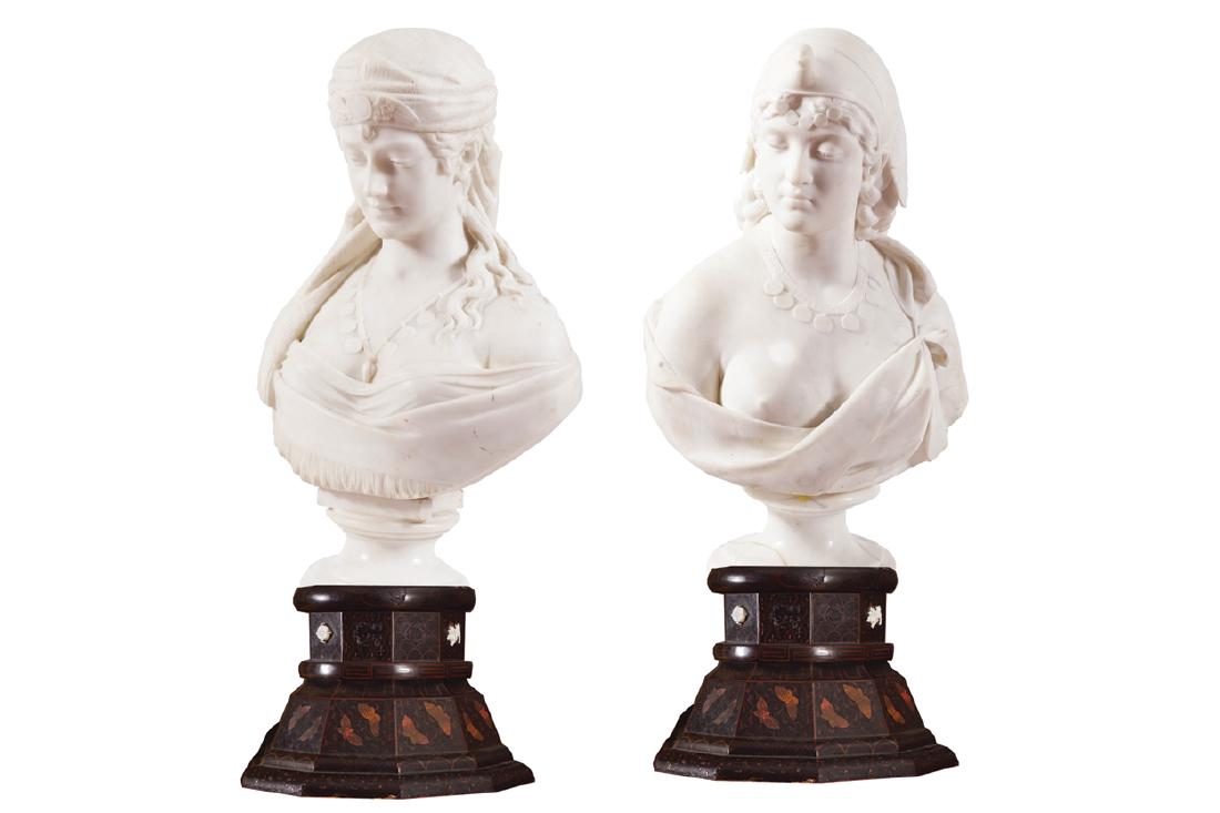 PAIR OF NINETEENTH-CENTURY ITALIAN MARBLE BUSTS OF: PAIR OF NINETEENTH-CENTURY ITALIAN MARBLE BUSTS OF CLEOPATRA AND FILLE DU CAIRE by Cesare Lapini and E. La Panta, circa 1890; Both signed and dated Dimensions: 91 cm. high; 40 cm. wide (with stand) (2