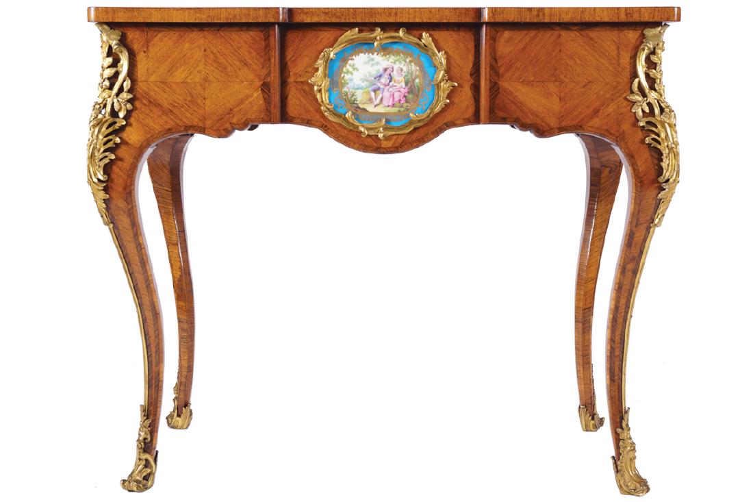NINETEENTH-CENTURY ORMOLU MOUNTED KINGWOOD SIDE TABLE: NINETEENTH-CENTURY ORMOLU MOUNTED KINGWOOD SIDE TABLE Attributed to Edward Holmes Baldock the rectangular inverted breakfront top, above a conforming frieze, centred by a Sevre panel depicting lovers