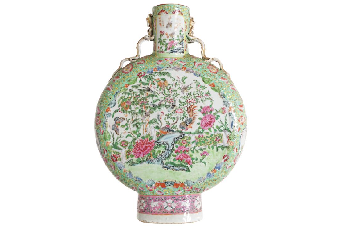 CHINESE QING PERIOD FAMILLE ROSE MOON FLASK: CHINESE QING PERIOD FAMILLE ROSE MOON FLASK the circular panelled front decorated with birds, butterflies and mixed blossoms Dimensions: 40 cm. high; 28 cm. wide; 8 cm. deep