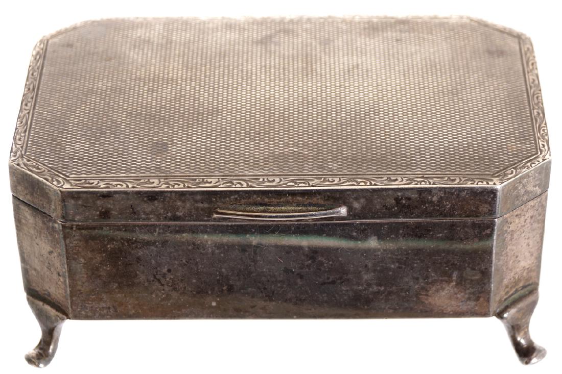SILVER RECTANGULAR BOX, CIRCA 1930: SILVER RECTANGULAR BOX, CIRCA 1930 lined with blue felt. Maker: Walker & Hall Numbered 66120 Dimensions: 4 cm high; 9 cm. wide; 5.5 cm. deep