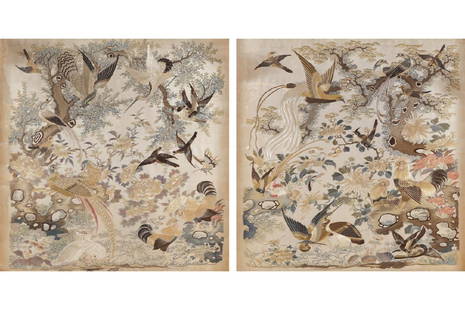 PAIR OF CHINESE QING PERIOD PAINTINGS ON SILK: PAIR OF CHINESE QING PERIOD PAINTINGS ON SILK depicting exotic birds amongst blossoms Dimensions: 45 x 39 cm. (2)