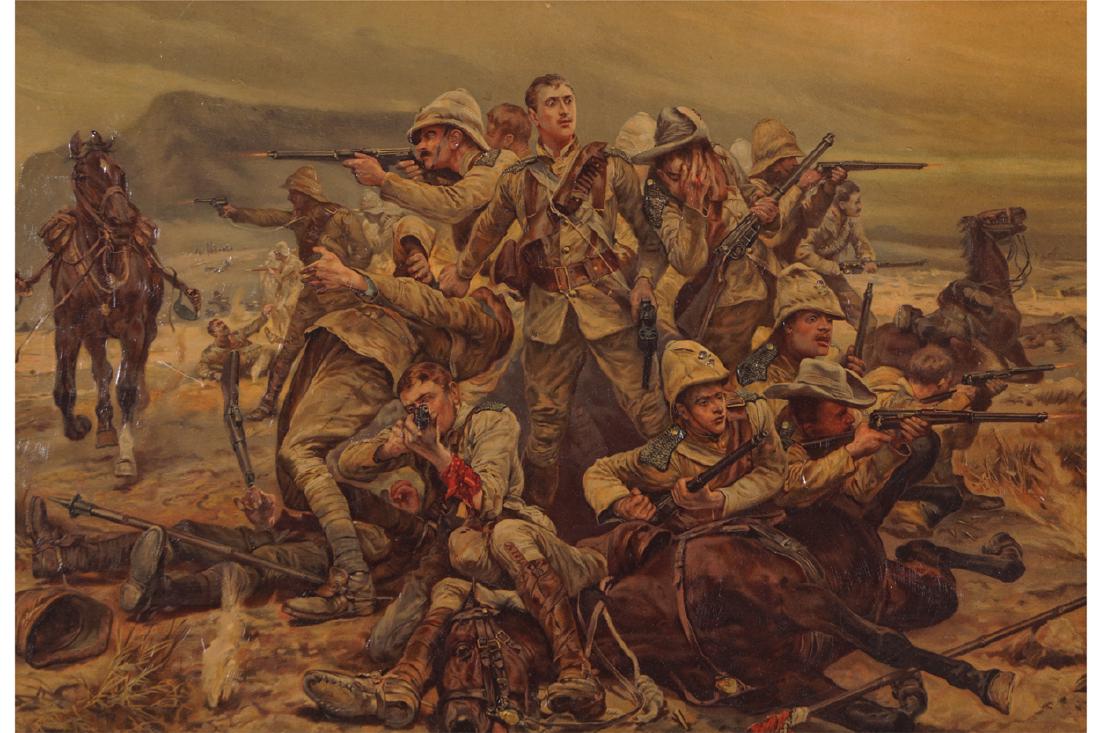 BOER WAR PRINT: BOER WAR PRINT All that was left of them’, 17th Lancers near Modderfontein, 17 September 1901 Chromolithograph after Richard Caton Woodville (1856-1927), 1901. Published by Gilbert Whitehead and Com