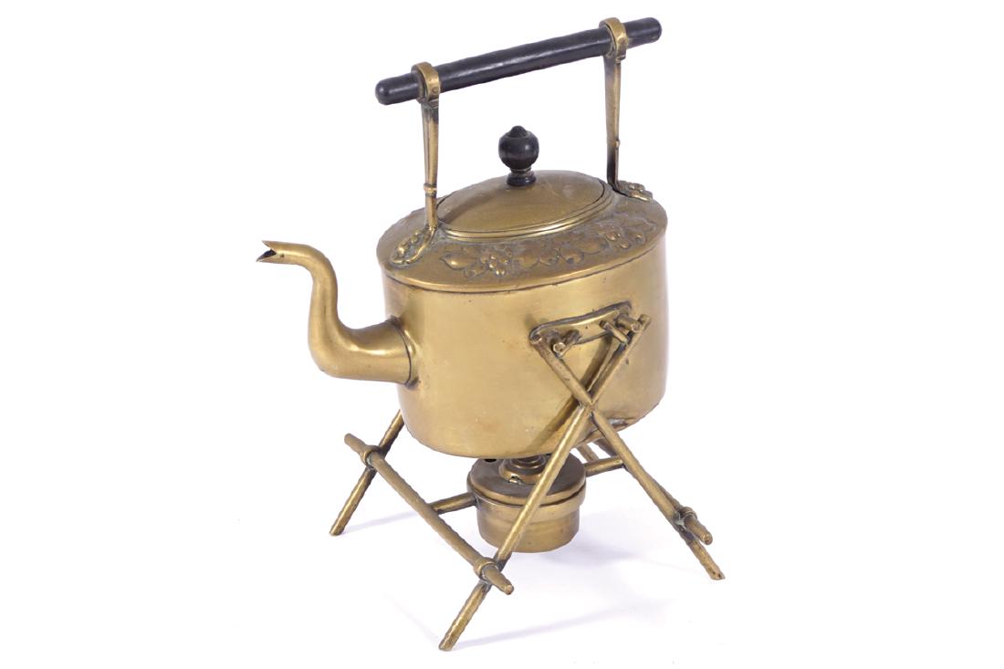 EDWARDIAN BRASS SPIRIT KETTLE ON STAND: Dimensions: