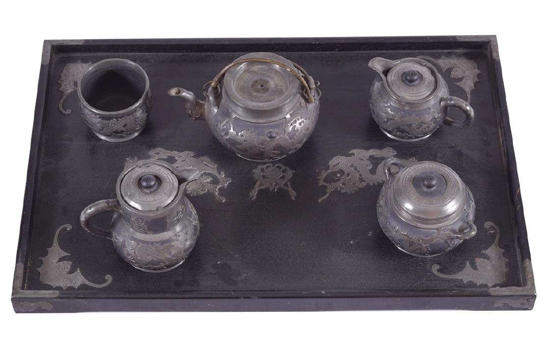 CHINESE JASPERWARE AND PEWTER MOUNTED TEA SERVICE ON (1 of 1)