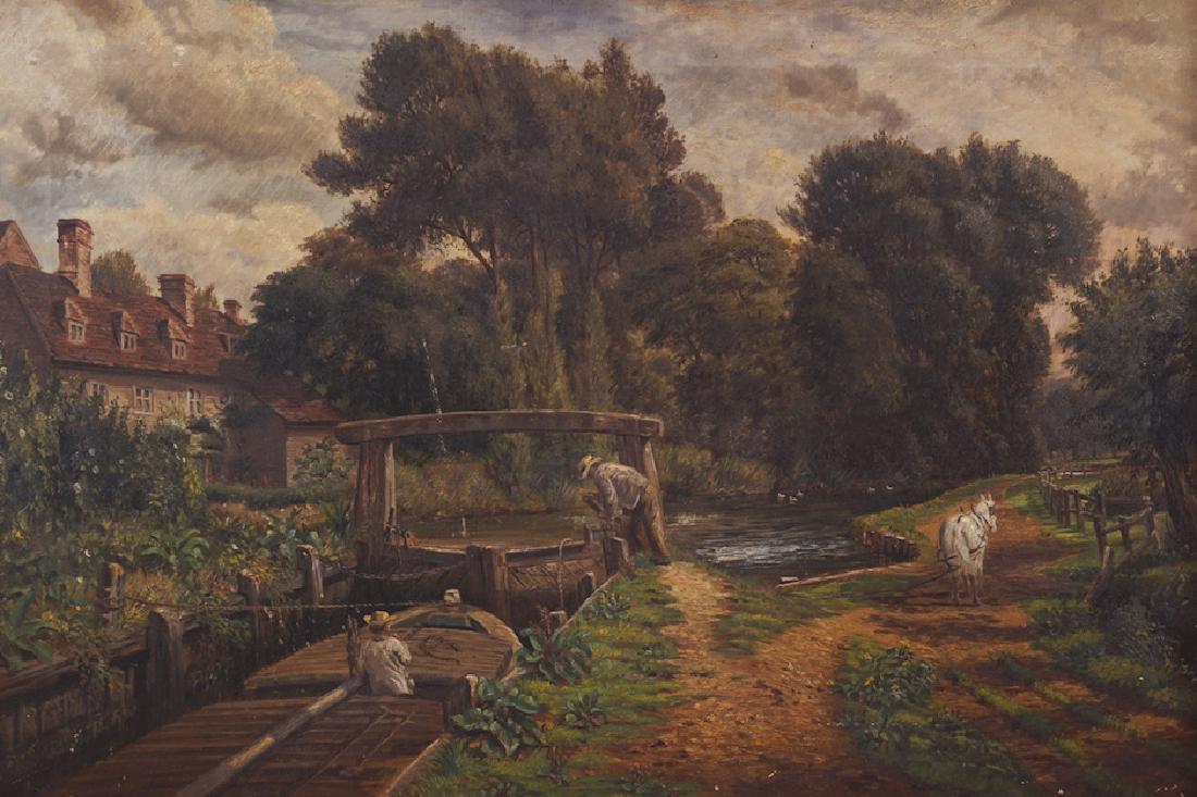 FOLLOWER OF JOHN CONSTABLE, RA (ENGLISH, 1776-1837): The Lock—Figures working in a river landscape Oil on canvas (unlined) Dimensions:24 x 36 inches (61 x 92 cm.)