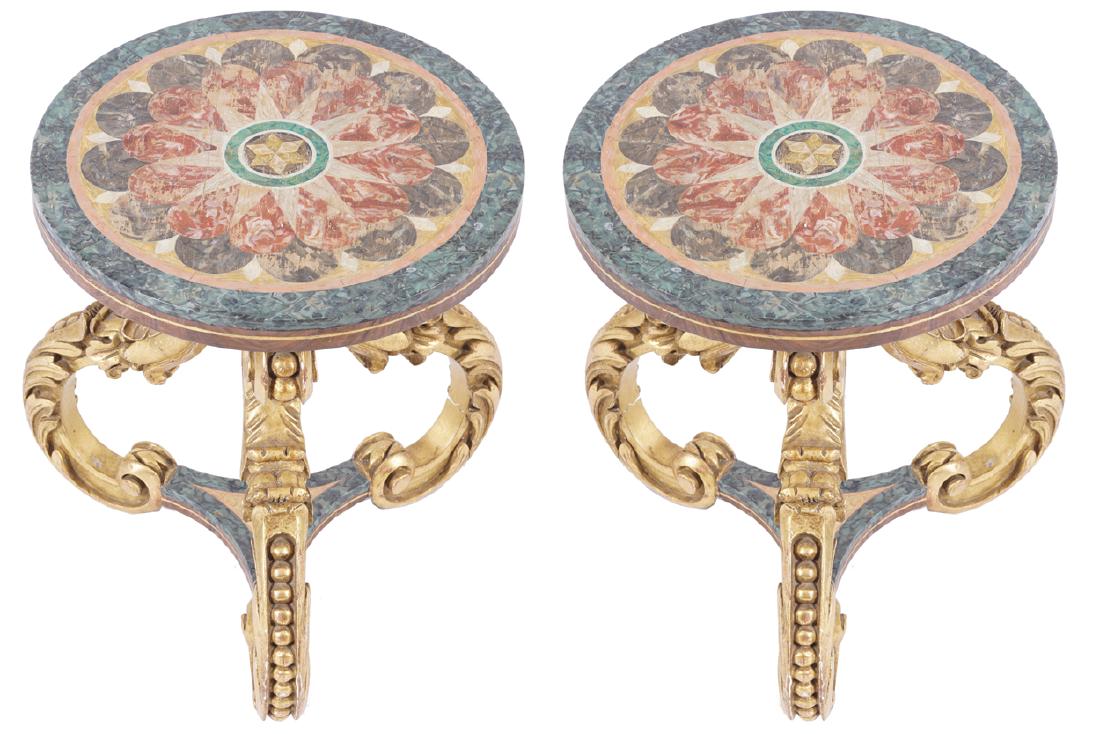 PAIR OF NINETEENTH-CENTURY CARVED GILT WOOD WINE TABLES: PAIR OF NINETEENTH-CENTURY CARVED GILT WOOD WINE TABLES each with a faux malachite circular top, raised on scroll legs, joined by stretcher rails Dimensions: 43 cm. high; 35 cm. diameter